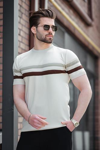 Taş Rengi Bisiklet Yaka Çizgili Erkek T-shirt E7412