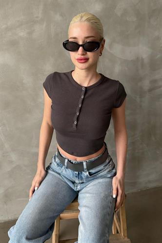 Füme Henley Çıt Kapamalı Kadın Tişört MG2306