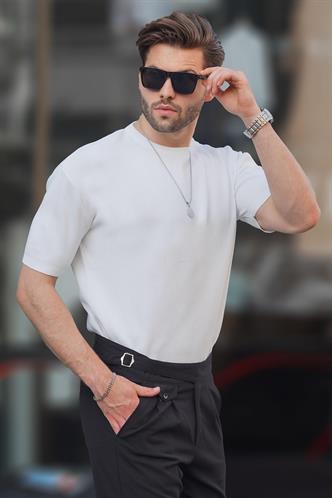 Beyaz Bisiklet Yaka Kısa Kollu Triko Erkek Tişört 6899