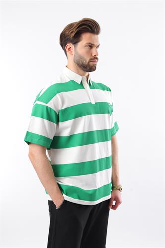 Yeşil Oversize Renk Bloklu Polo Yaka Tişört E7120