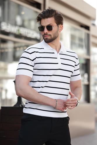 Beyaz Çizgili Polo Yaka Erkek T-shirt E7405