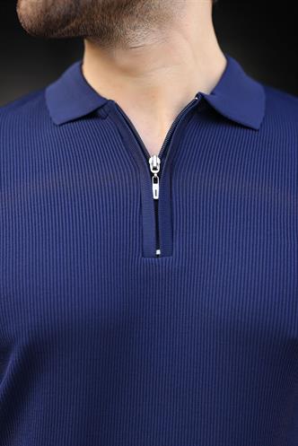 Lacivert Yarım Fermuarlı Polo Yaka Triko Erkek Tişört E7459