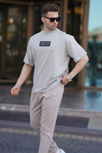 Boyalı Gri Yalancı Dik Yaka Oversize Erkek Tişört 7005