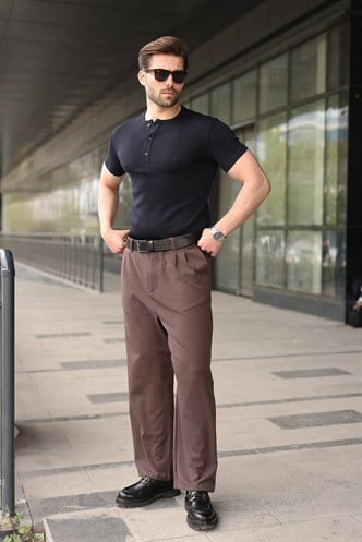 Lacivert Yarım Düğmeli Slim Fit Erkek Tişört E7186