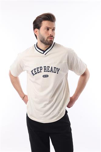 Ekru V Yaka Baskılı Kısa Kollu Overfit Tişört 7039