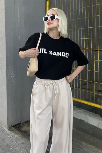Siyah Oversize Baskılı Bisiklet Yaka Kısa Kollu Tişört MG2126