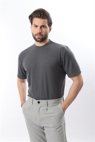 Füme Dokulu Çizgi Tasarım Bisiklet Yaka Erkek T-shirt E7122