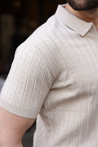 Taş Rengi Polo Yaka Slim Fit Triko Erkek Tişört E7465
