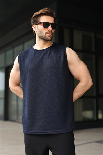 Lacivert Bisiklet Yaka Jakarlı Kolsuz Erkek Tişört E7180