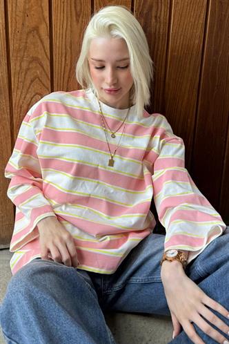 Pembe Bisiklet Yaka %100 Pamuklu Çizgili Uzun Kollu Tişört MG2362