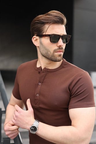 Acı Kahverengi Yarım Düğmeli Slim Fit Erkek Tişört E7186