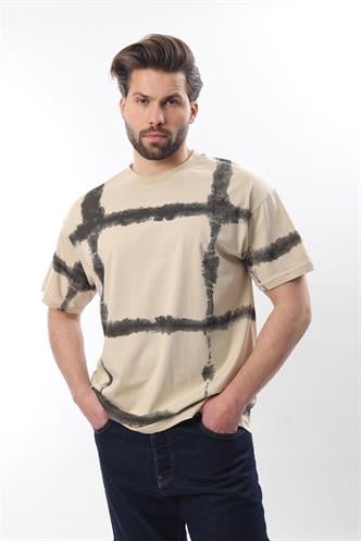 Bej Bisiklet Yaka Baskılı Basic Erkek T-shirt E7109