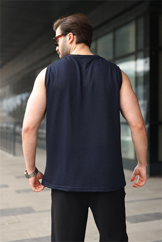 Lacivert Bisiklet Yaka Jakarlı Kolsuz Erkek Tişört E7180