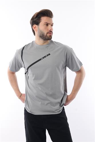 Boyalı Gri Bisiklet Yaka Şerit Detaylı Pamuklu Erkek T-shirt E7033