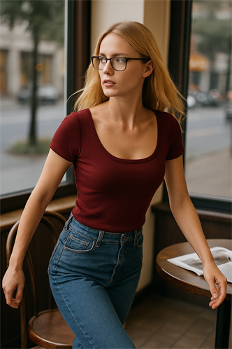 Madmext Bordo Geniş Yaka Kadın T-shirt Mg2341