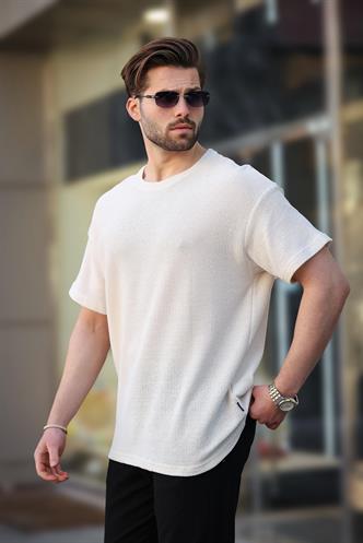 Madmext Ekru Bisiklet Yaka Oversize Erkek T-shirt E7134