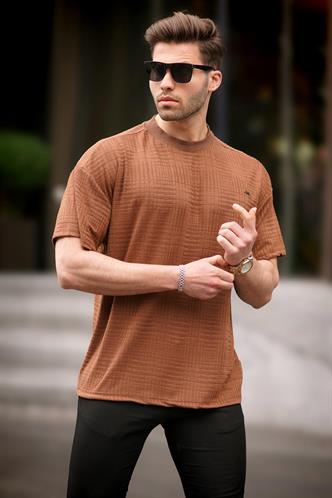 Kahverengi Oversize Bisiklet Yaka Erkek Tişört 6191