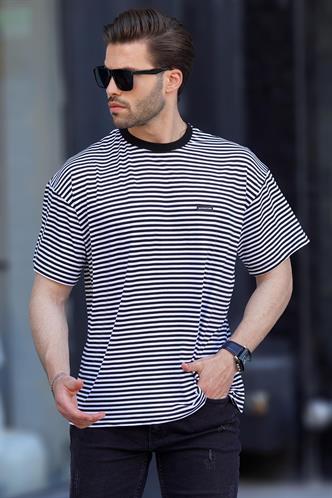 Siyah Bisiklet Yaka Çizgili Kısa Kollu Arma Detaylı Erkek T-shirt 7031
