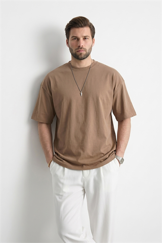 Erkek Kapuçino Oversize Fit Basic Tişört 6066