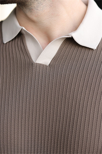 Açık Kahverengi Polo Yaka Triko Erkek Tişört E7464