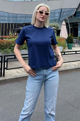 Lacivert Bisiklet Yaka Basic Kadın Tişört MG2075