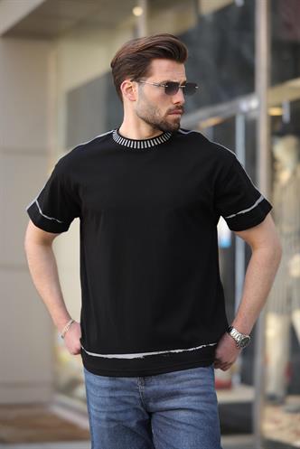Siyah %100 Pamuklu Bisiklet Yaka Basic Erkek Tişört E7140