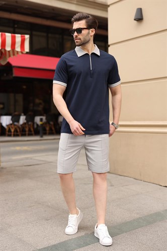 Lacivert %100 Pamuklu Polo Yaka Şort Tişört Takım E7358