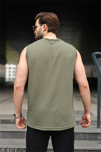 Haki Bisiklet Yaka Jakarlı Kolsuz Erkek Tişört E7180