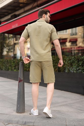 Açık Yeşil %100 Pamuklu Erkek Şort Gömlek Takım E7361