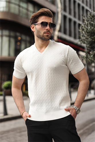 Beyaz V Yaka Kısa Kollu Triko Erkek Tişört E7467