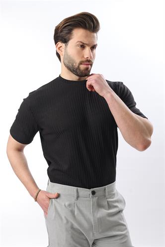 Siyah Dokulu Çizgi Tasarım Bisiklet Yaka Erkek T-shirt E7122