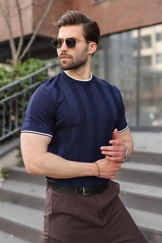 Lacivert Bisiklet Yaka Regular Fit Triko Erkek Tişört E7487