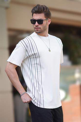 Ekru Bisiklet Yaka Pamuklu Gri Renk Detaylı Overfit Tişört 7038