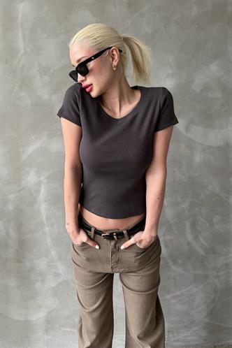 Füme Geniş Yaka Fittili Basic Kadın T-shirt Mg2293