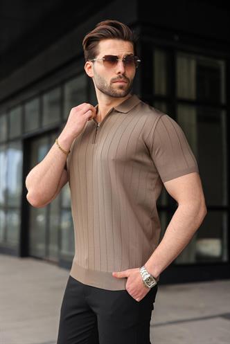 Açık Kahverengi Yarım Fermuarlı Polo Yaka Triko Erkek Tişört E7298