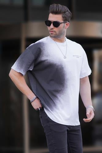 Beyaz Baskılı Bisiklet Yaka Erkek Tişört 7028