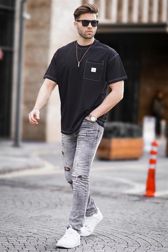 Siyah Oversize Cep Detaylı Erkek Tişört 7001