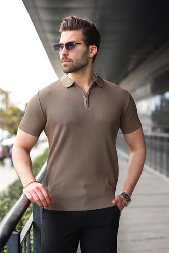 Açık Kahverengi Yarım Fermuarlı Polo Yaka Triko Erkek Tişört E7459