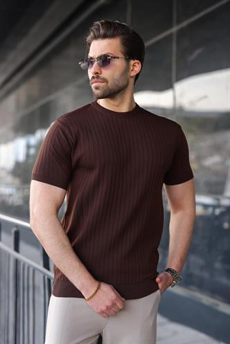 Kahverengi Bisiklet Yaka Triko Erkek Tişört E7460