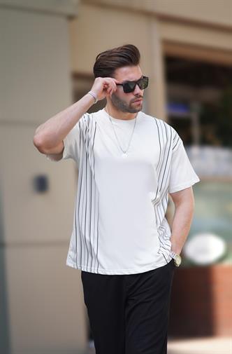 Ekru Bisiklet Yaka Pamuklu Gri Renk Detaylı Overfit Tişört 7038