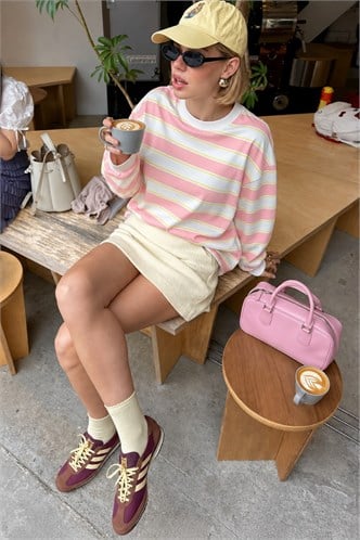 Pembe Bisiklet Yaka %100 Pamuklu Çizgili Uzun Kollu Tişört MG2362