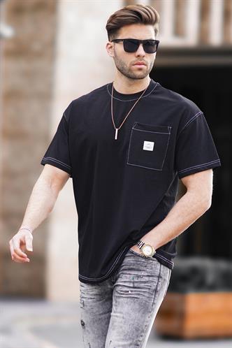Siyah Oversize Cep Detaylı Erkek Tişört 7001