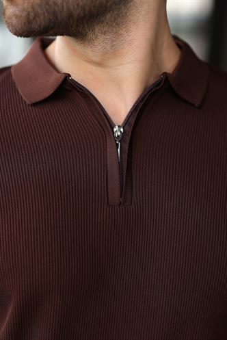 Kahverengi Yarım Fermuarlı Polo Yaka Triko Erkek Tişört E7459
