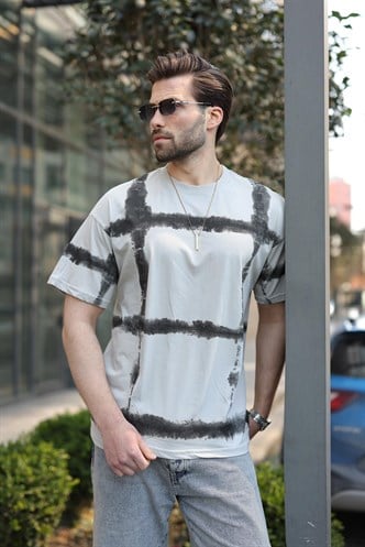 Boyalı Gri Bisiklet Yaka Baskılı Basic Erkek T-shirt E7109