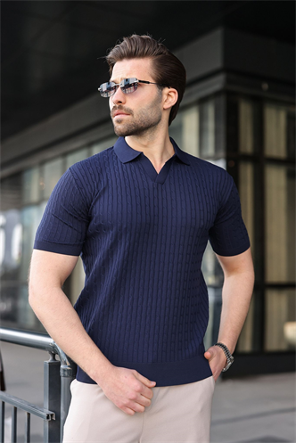 Lacivert Slim Fit Polo Yaka Triko Erkek Tişört E7472