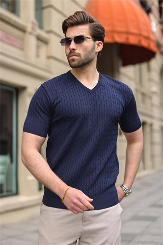 Lacivert V Yaka Kısa Kollu Triko Erkek Tişört E7467