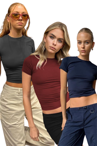 Bordo/Lacivert/Füme Bisiklet Yaka Basic Kadın Tişört 3Lü Set MG1725