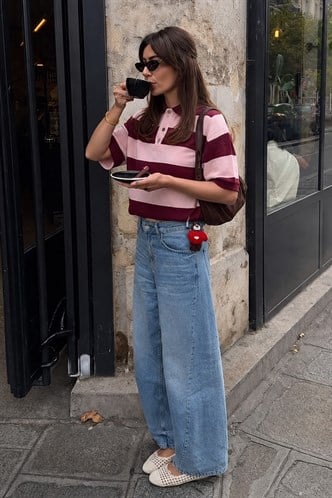 Bordo Çizgili  Polo Yaka Basic Kadın Tişört MG2833