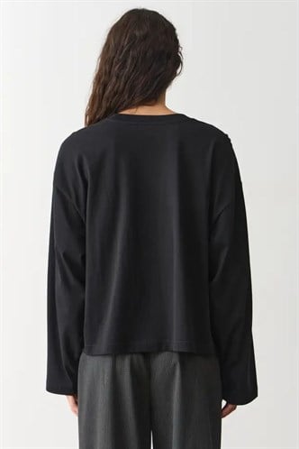 Siyah Basic Bisiklet Yaka %100 Pamuklu Uzun Kollu Tişört MG2889