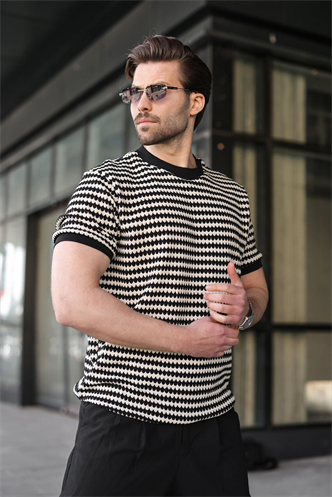 Siyah Jakarlı Bisiklet Yaka Erkek Tişört E7181